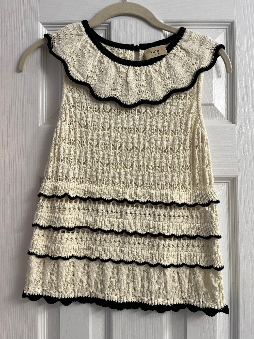 Elie Tahari Cream Knit Ruffle Shell with Black Trim
